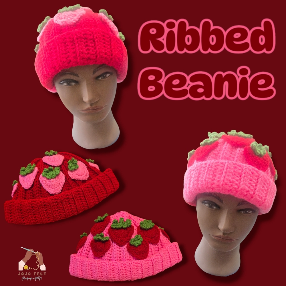Strawberry Beanie, Pink/Red, OneSize, Handmade Crochet, Y2k, Streetwear